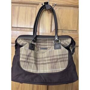 Vintage Eddie Bauer Canvas Leather Duffle Bag Travel Carry On Plaid Brown 22"